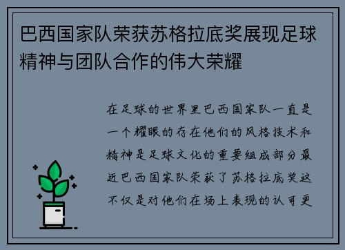 巴西国家队荣获苏格拉底奖展现足球精神与团队合作的伟大荣耀